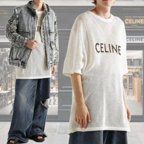 注目のトレンド新品 CELINE ロゴプリントコットンメッシュ 偽物セリーヌTシャツ 男女兼用 おしゃれな装い